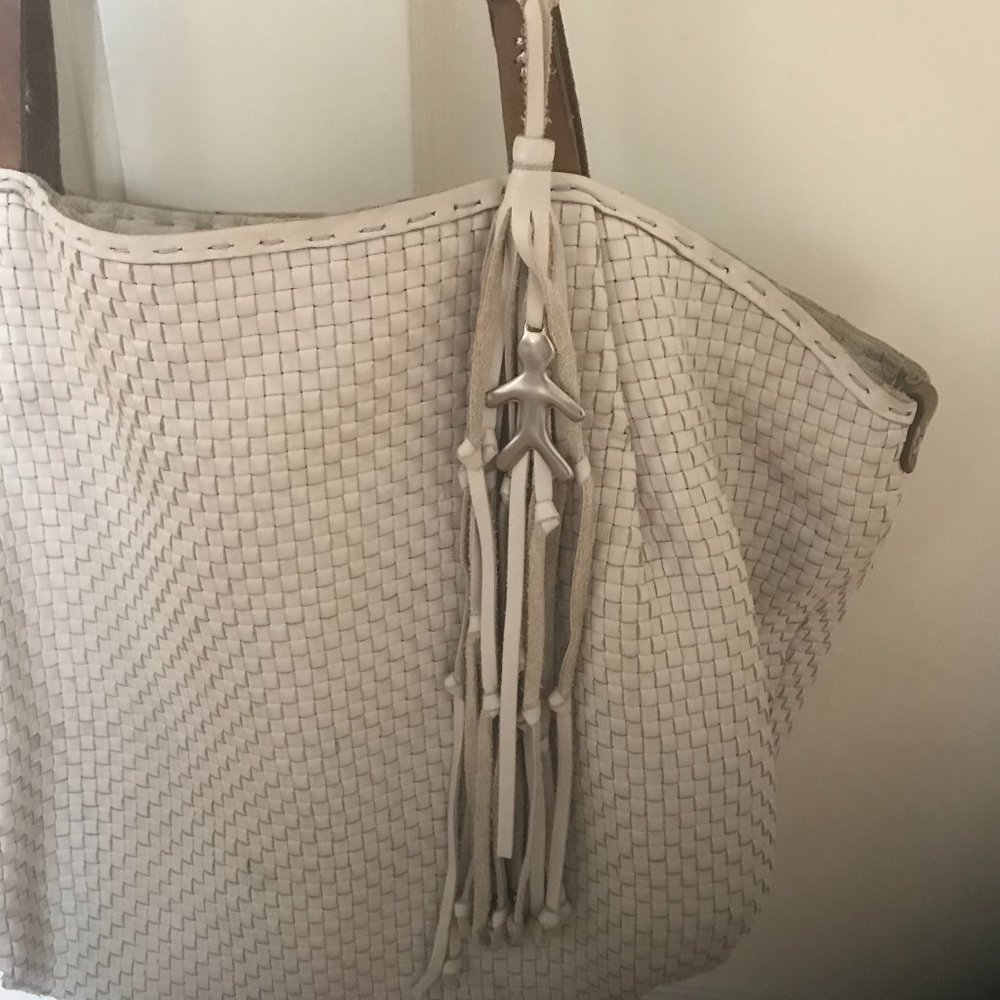 HENRY BEGUELIN Woven Cream Leather Hobo Shoulder Tote Intreccio with Tassel